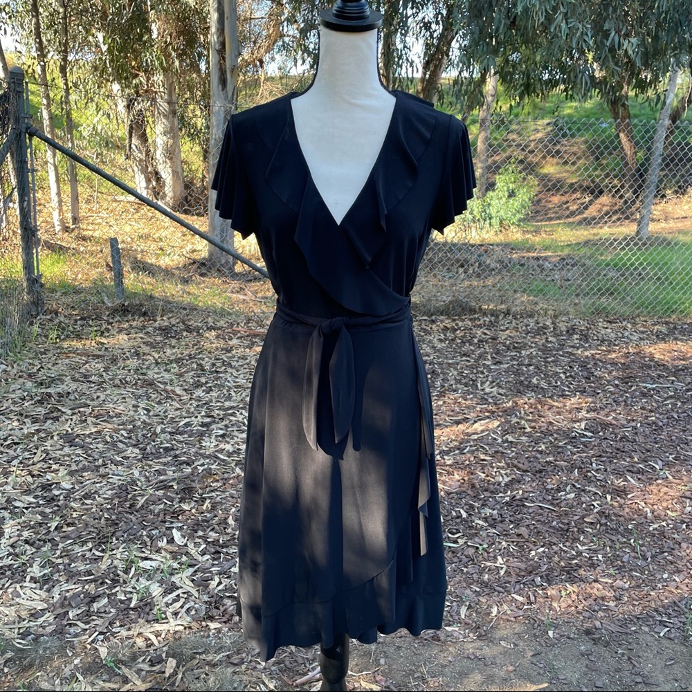 Flirty Black Wrap Dress Sz M, Cute Ruffles-NWOT